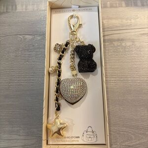 Eye Candy Black Rhinestone Bear and Silver Rhinestone Heart Gold Keychain Set